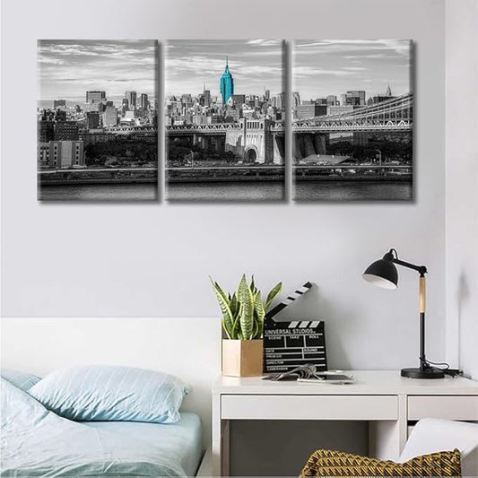 TUMOVO 3 Panels New York USA Downtown Skyline Modern Home Decor Skyscrapers City Skyline Pictures Canvas Wall Art for Bedroom, Living Room, Office. Framed Ready to Hang (36" Wx16 H)