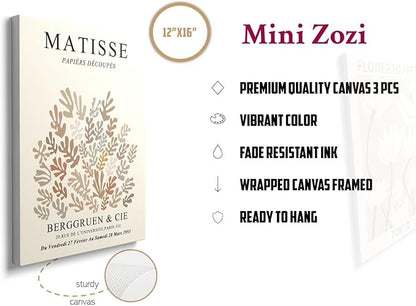 MINI ZOZI Matisse Wall Art Framed Flower Market Prints 12x16 3PCS Picasso Wall Decor Large Canvas Beige Posters Trendy Funky Aesthetic Abstract Line Minimalist Poster Danish Pastel Painting Bedroom Printing Neutral
