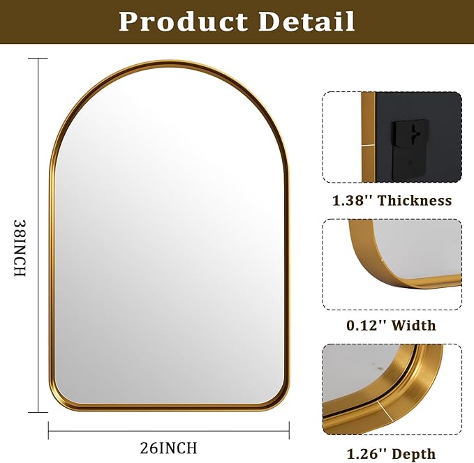 Arched Bathroom Mirror - 38x26 Inch Gold Bathroom Mirror for Wall - Aluminum Alloy Framed Mirror - Arched Top Bathroom Vanity Mirror for Living Room, Bedroom, Mantel, Entryway, and Hallways