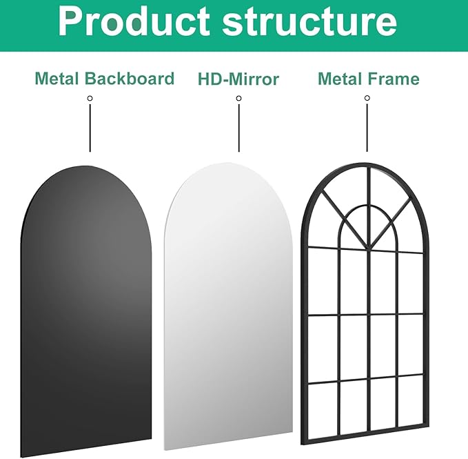 Arched Window Wall Mounted Mirror, 42"x24", Arched Window Pane Mirror Decorative for Entryway, Wall Decor Mirror for Bathroom Vanity, Living Room or Bedroom, Iron Frame, Black