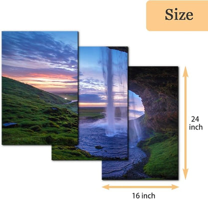 Pacimo Waterfall at Sunset Canvas Wall Art Print Iceland Landscape Painting Framed Wall Art Decor for Living Room Home Decoration 3 Pieces Gallery Wrapped Posters and Prints Ideal Gifts - 16"x24"x3