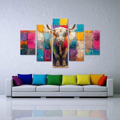 5 Panels Highland Cow Pictures Wall Decor Modern Animals Wall Art Colorful Oil Painting Style Highland Cattle Posters Wall Decor Living Dining Room Classroom Decor Framed - 60''W x 40''H