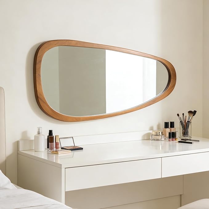 Ruomeng Full Length Irregular Wall Mirror, 48 x 22 Inch Wooden Mirror, Boho Large Decorative Asymmetrical Mirror for Bathroom, Living Room, Bedroom, Entryway, Farmhouse, Tempered Glass, Shatterproof