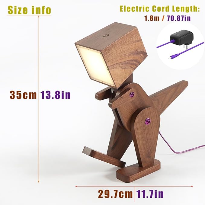 Novelty Unique Wood Dinosaur Table Lamp for Bedroom, Bedside, Kids Room - 3 Levels Dimmable Touch Control Adjustable Robot Design Natural Finish Desk Light for Living Office Farmhouse (Black)