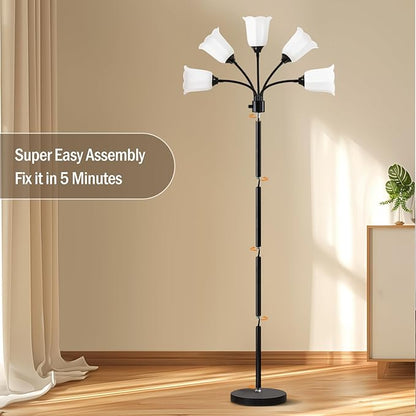 GyroVu Medusa LED Floor Lamp, Multi Head Modern Tall Lamp with Adjustable Gooseneck Standing Lamps for Living Room Bedroom Kids Room Office 5 White Lampshades Bulb Not Included(Black)