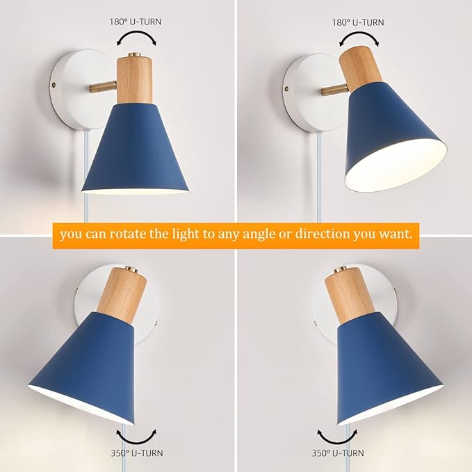Plug in Wall Sconces Lighting Fixture Pack of 2, Wooden Adjustable Bedside Wall lamp for Industrial Bedroom, Living Room Bathroom Sink Lighting (2, Blue)