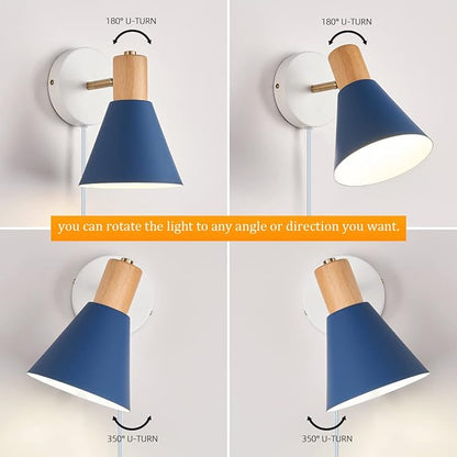 Plug in Wall Sconces Lighting Fixture Pack of 2, Wooden Adjustable Bedside Wall lamp for Industrial Bedroom, Living Room Bathroom Sink Lighting (2, Blue)
