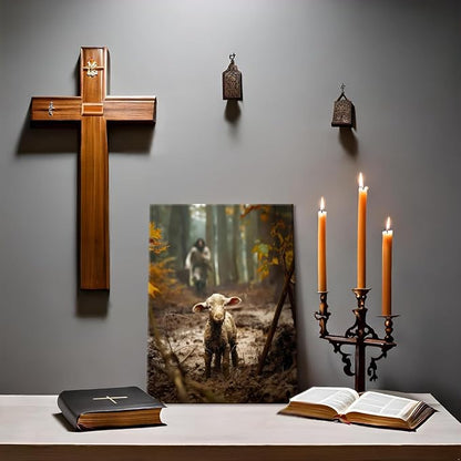 Jesus and Lamb Canvas Wall Art Jesus Running After Lost Sheep Wall Decor Christian Baptism gifts Lamb of God Painting Poster Print Artwork for Living Room Bedroom Church Decor 24X36 in canvas