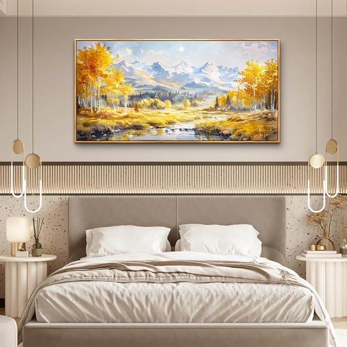 ZUITINGHUA Large Wood Framed Wall Decor For Living Room Canvas Wall Art For Office Modern Wall Decorations For Bedroom Yellow Tree Landscape Paintings Mountain Pictures Artwork Home Decor 24x48 In