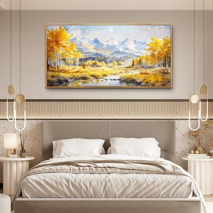 ZUITINGHUA Large Wood Framed Wall Decor For Living Room Canvas Wall Art For Office Modern Wall Decorations For Bedroom Yellow Tree Landscape Paintings Mountain Pictures Artwork Home Decor 24x48 In