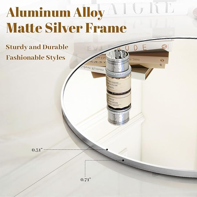 VooBang Black Round Bathroom Mirror, 42 inch Large Circle Wall Mounted Hanging Mirror with Simple Modern Circular Metal Frame for Hallway, Entryway, Living Room, Silver Frame
