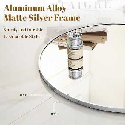 VooBang Black Round Bathroom Mirror, 42 inch Large Circle Wall Mounted Hanging Mirror with Simple Modern Circular Metal Frame for Hallway, Entryway, Living Room, Silver Frame