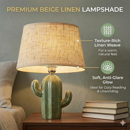 Cactus Lamp, Cute Modern Desk Lamp with Fabric Lampshade & Ceramic Base, Adorable Night Light for Bedroom Nightstand