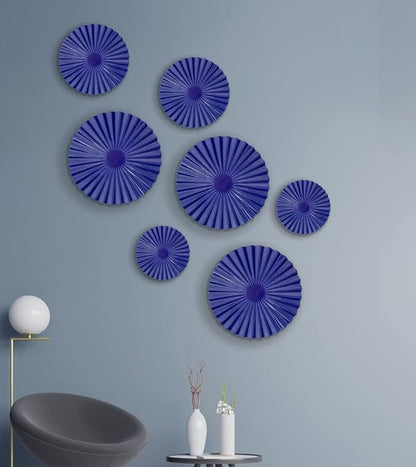 ITrixgan 7 Pieces Deep Blue Wall Art Round Metal Modern Accent Large Sunburst Hanging Decorations Above Bed TV for Home Office Bedroom Living Room