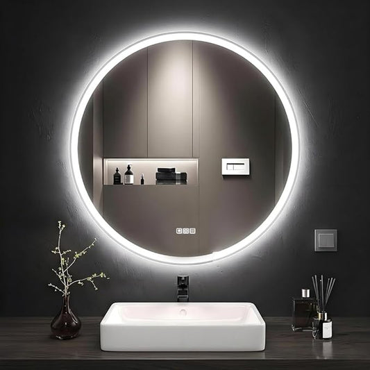 28 inches Round LED Bathroom Mirror with Lights, Anti-Fog, Dimmable, Backlit + Front Lit, Lighted Bathroom Vanity Mirror for Wall, Memory Function, Tempered Glass, Shatter-Proof