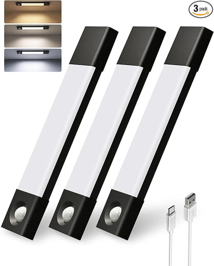 EZVALO Under Cabinet Lighting, Wireless Closet Lights, 30 LED Rechargeable Motion Sensor Light, Dimmable, 3 Color Temperatures, Counter Lights for Kitchen, Pantry, Bedroom, Wardrobe(3 Pack, Black)