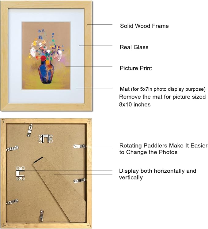 8x10 Picture Frame Made of Solid Wood Photo Frame with Real Glass for Pictures 5x7 with Mat or 8x10 Without Mat, Wall Mount or Tabletop Gallery Photo Frames,Natural,2 Pack