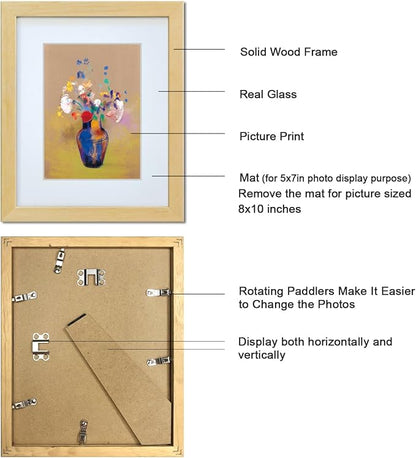8x10 Picture Frame Made of Solid Wood Photo Frame with Real Glass for Pictures 5x7 with Mat or 8x10 Without Mat, Wall Mount or Tabletop Gallery Photo Frames,Natural,2 Pack