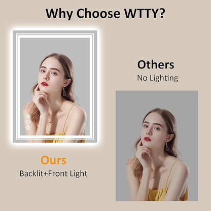 WTTY LED Bathroom Mirror 32x24 Inch, Front Light and Backlit LED Mirror for Bathroom, Lighted Vanity Mirror for Wall, Stepless Dimmable, Anti-Fog, Shatter-Proof, Memory, Double LED Vanity Mirror