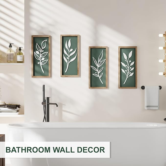 3D Tree Leaf Sage Green Boho Wall Art Lightweight (Set of 4), Minimalist Botanical Farmhouse Wooden Framed Bathroom Wall Decor For Living Room Bedroom Kitchen Office Hallway Decorations