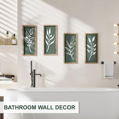3D Tree Leaf Sage Green Boho Wall Art Lightweight (Set of 4), Minimalist Botanical Farmhouse Wooden Framed Bathroom Wall Decor For Living Room Bedroom Kitchen Office Hallway Decorations