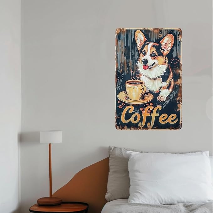 Metal Signs Corgi dog Coffee Sign Vintage Signs Retro Aluminum Tin Sign for Kitchen Office Home Bar Cafe Decor 8x12 Inch