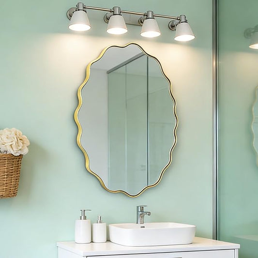 Scalloped Mirror, 35.5"x26" Oval Vanity Mirror for Over Sink, Gold Irregular Shaped Mirrors, Modern Wavy Round Mirrors for Living Room Bedroom Bathroom Hallway Entryway Fireplace
