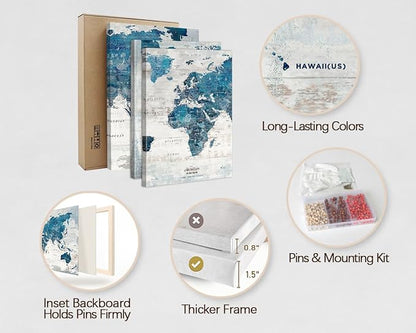 Canvas Wall Art Office Paintings Giant Modern Abstract World Maps for Wall Travel Map with Pins Blue Paintings for Living Room Bedroom Dining Room Wall Decoration