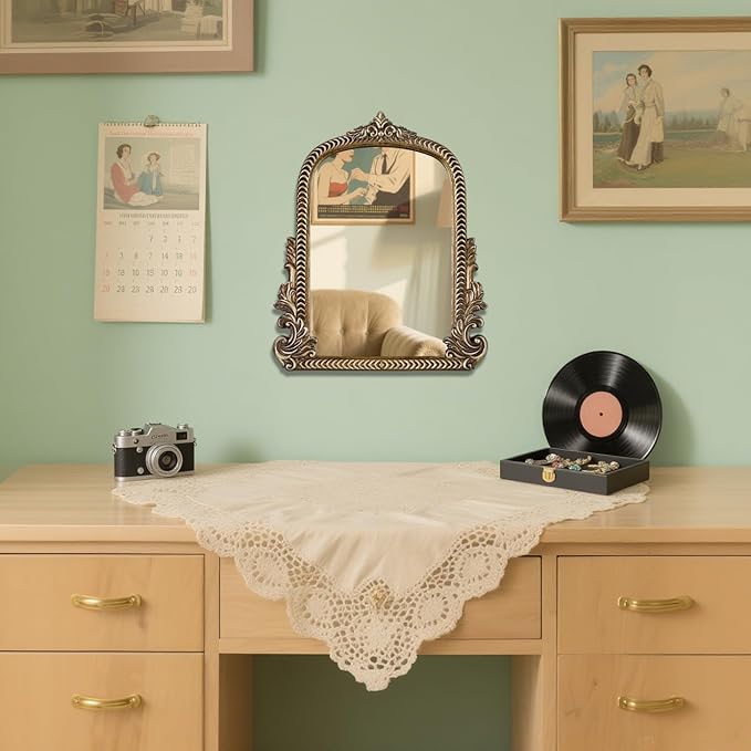 Antique Arched Mirror for Vanity with Resin Frame -Small Size (9.5 x 11.6 inch) Standing Mirror for Living Room, Bedroom, Tabletop-Vintage Gold