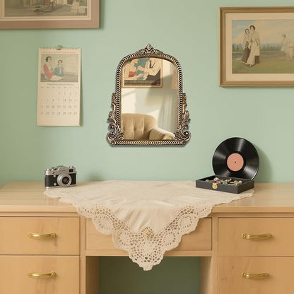 Antique Arched Mirror for Vanity with Resin Frame -Small Size (9.5 x 11.6 inch) Standing Mirror for Living Room, Bedroom, Tabletop-Vintage Gold