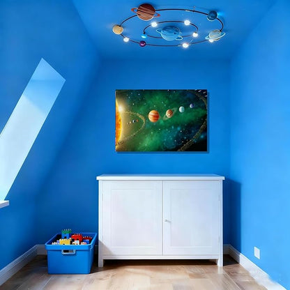16x24 inches Framed Solar System Space Canvas Wall Art Green Galaxy Planets Astronomical Decor Kids Bedroom Cosmic Wall Pictures Teen Boy Room Universe Poster Child Office Study Room Prints