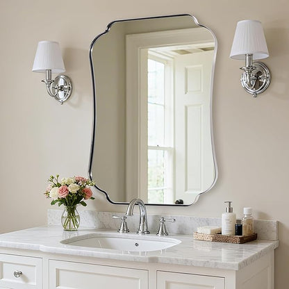 ANDY STAR 30"x40" Chrome Bathroom Mirror, Decorative Scalloped Shape Wall Mirror with Stainless Steel Frame, Modern Wave-Edge Design for Vanity, Hallway, Lounge Decor