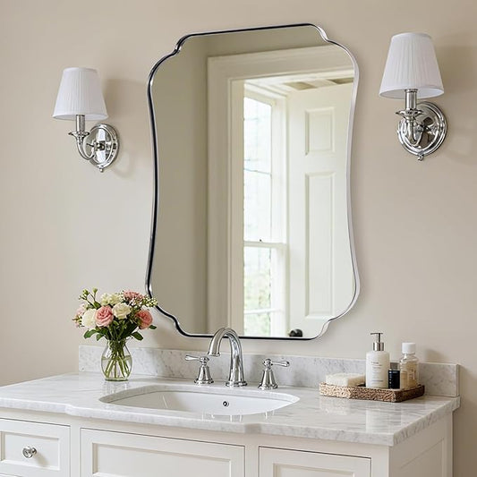 ANDY STAR 30"x40" Chrome Bathroom Mirror, Decorative Scalloped Shape Wall Mirror with Stainless Steel Frame, Modern Wave-Edge Design for Vanity, Hallway, Lounge Decor