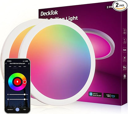 DeckTok 12 Inch Smart Ceiling Light, 2400LM RGBCW LED Flush Mount Ceiling Light Work with App & Voice Control, 2700K-6500K Dimmable LED Ceiling Light Fixture for Living Room Bedroom Game Room, 2 Pack