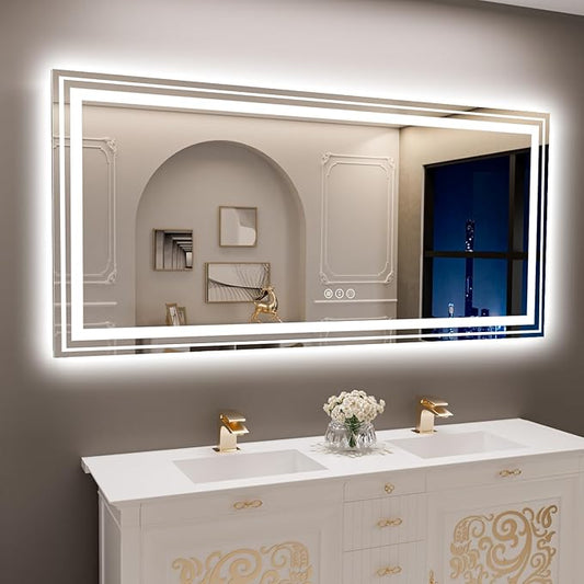 Snowdool LED Bathroom Mirror, 77"x36" with Front and Backlit, Anti-Fog, Large Bathroom Vanity Mirror for Wall, Memory Function, Stepless Dimmable, Tempered Glass (Horizontal/Vertical)