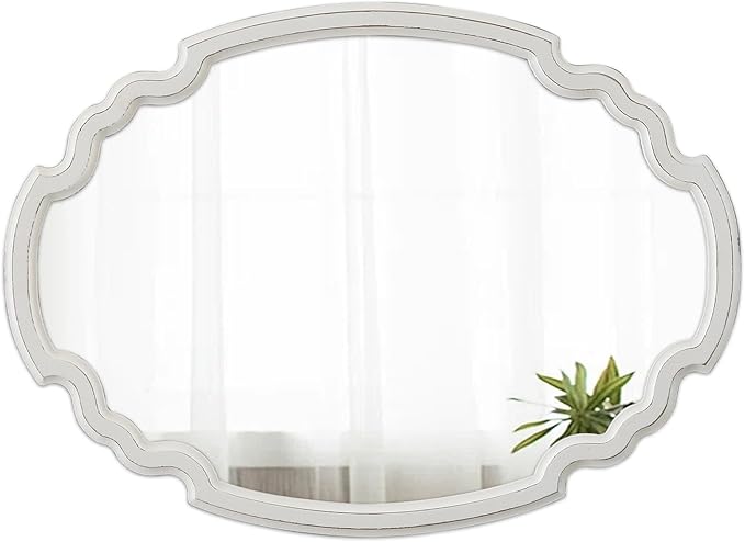 Rustic Oval Mirror 22 X 30 Inch, Hanging Distressed White Scalloped Wood Framed Vintage Mirrors for Wall Decor, Farmhouse Mirror Wall Decor for Bathroom Hallway, Horizontal or Vertical