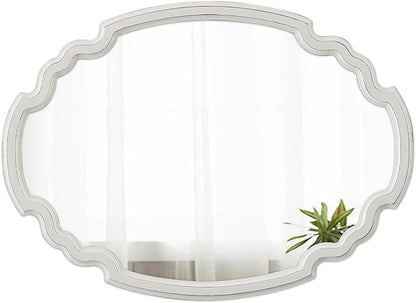 Rustic Oval Mirror 22 X 30 Inch, Hanging Distressed White Scalloped Wood Framed Vintage Mirrors for Wall Decor, Farmhouse Mirror Wall Decor for Bathroom Hallway, Horizontal or Vertical