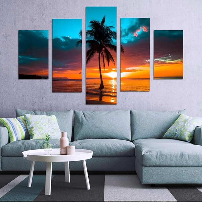 Yatsen Bridge 5 Piece Beach Sunset Canvas Wall Art Seascape Pictures Palm Trees Landscape Home Decor for Living room Bedroom Wall Decoration Framed Ready to Hang - 60''W x 40''H