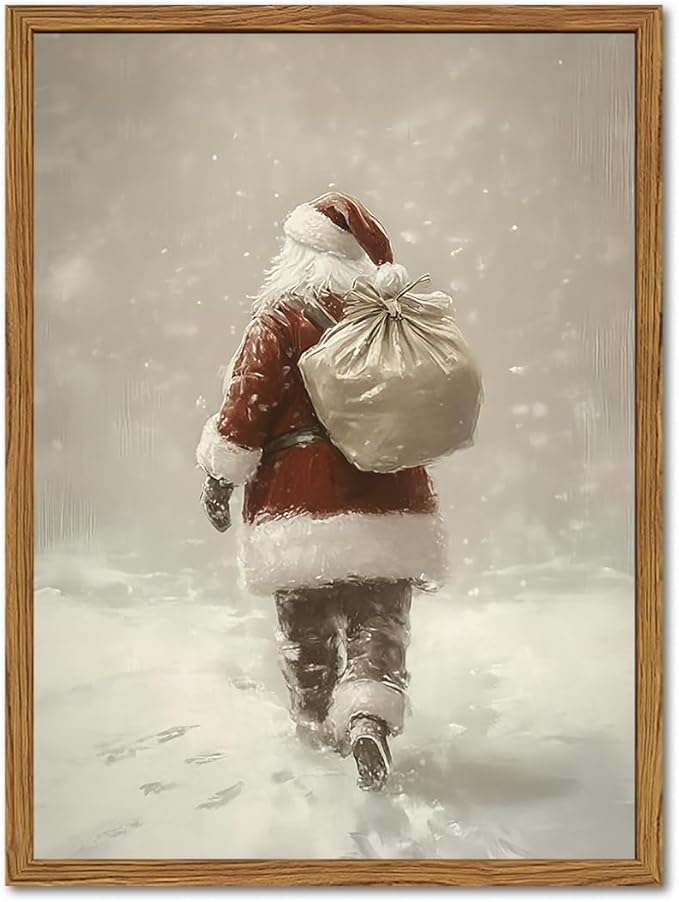 Framed Vintage Christmas Canvas Wall Art, Rustic Santa Claus Walking Snowy Wall Decor Paintings, Winter Holiday Aesthetics Pictures Print Christmas Home Decor for Living Room Bedroom 16x24inch