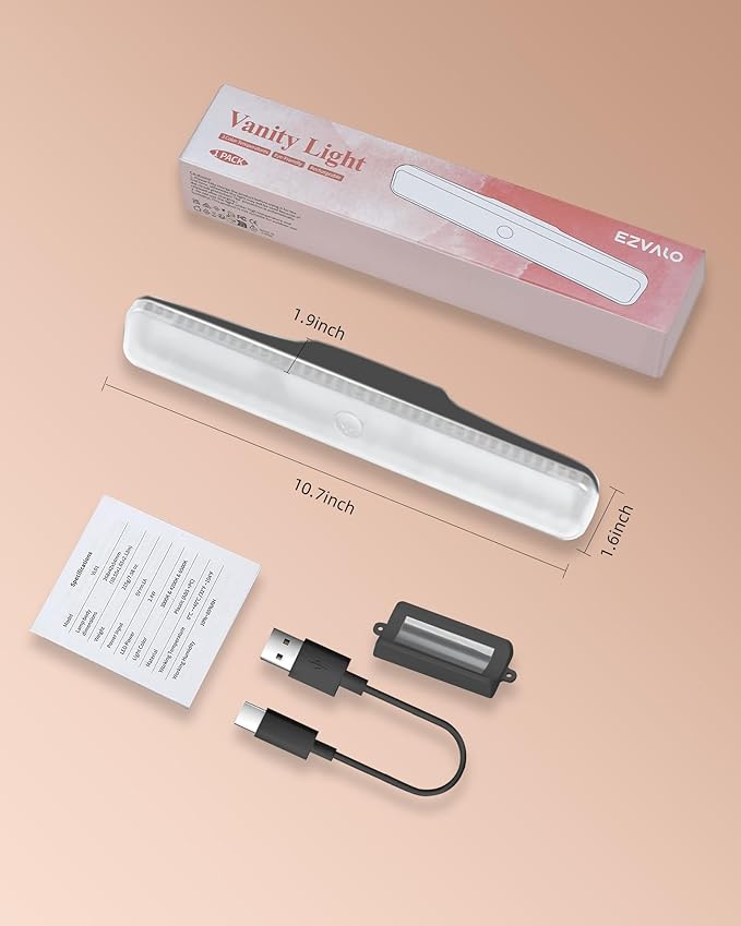 EZVALO Wireless Makeup Light 1 Pack, Vanity Lights for Mirror,Bathroom Mirror Light, Rechargeable, 3 Color Modes, Stepless Dimming, Touch Control, Adjustable Angle, Black, Women's Gifts