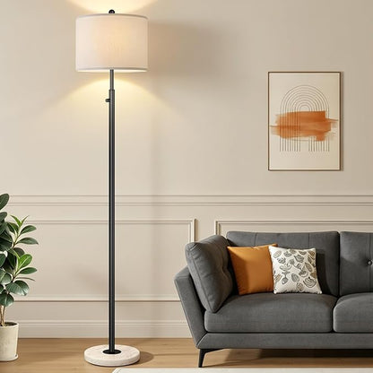 Nintiue Dimmable Floor Lamp for Living Room, 11W LED Bulb Included, Modern Standing Lamp with Marble Base, Tall Pole Light with White Linen Shade for Bedroom Reading Office Corner Nursery-Black