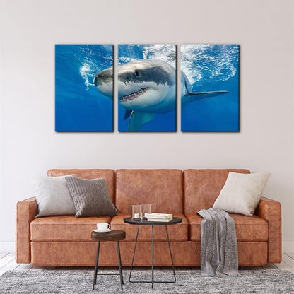 3 Piece Blue Wall Art Painting Great White Shark Catching Fish At Guadalupe Island Pictures Prints on Canvas Animal The Picture Decor for Home Modern Decoration for Living Room - 16"x24"x3 Panels