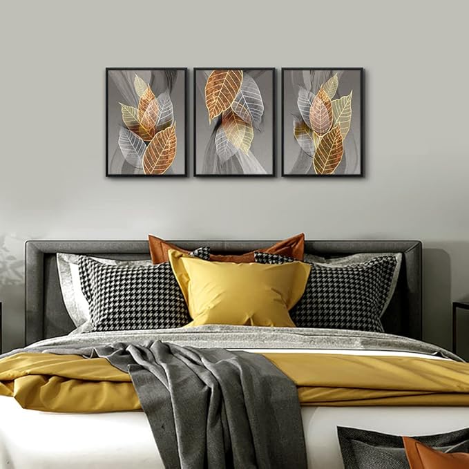Black Framed Canvas Wall Art For Living Room Wall Decorations For Kitchen Large Size Wall Decor Abstract Leaves Painting Inspirational Pictures Artwork Bathroom Home Decor of 3 Piece Framed Art Prints