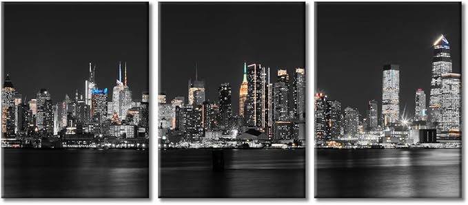 TUMOVO 3 Pieces Manhattan USA Skyline Canvas Paintings Office Decor Hudson River New York City NY USA Wall Decor City Skyline Wall Decor for Bedroom, Living Room.Ready to Hang (36" Wx16 H)