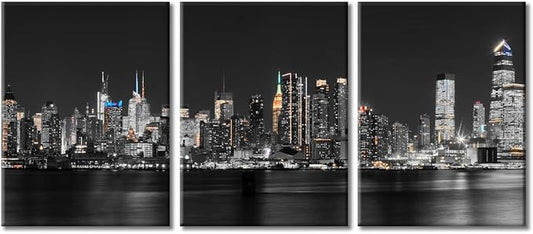TUMOVO 3 Pieces Manhattan USA Skyline Canvas Paintings Office Decor Hudson River New York City NY USA Wall Decor City Skyline Wall Decor for Bedroom, Living Room.Ready to Hang (36" Wx16 H)
