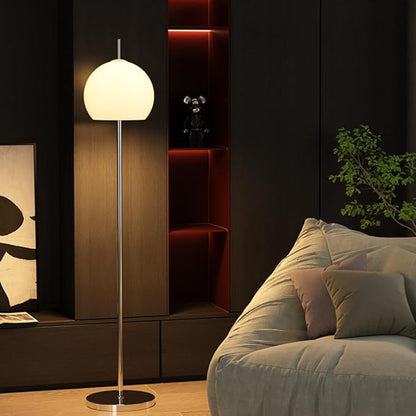 Contemporary Frosted Glass Floor Lamp Mushroom Dome Shaped Art Deco Standing Lamp Tall Bauhaus Lamp Mid-Century Modern Floor Light for Living Room Bedroom - Silver Base