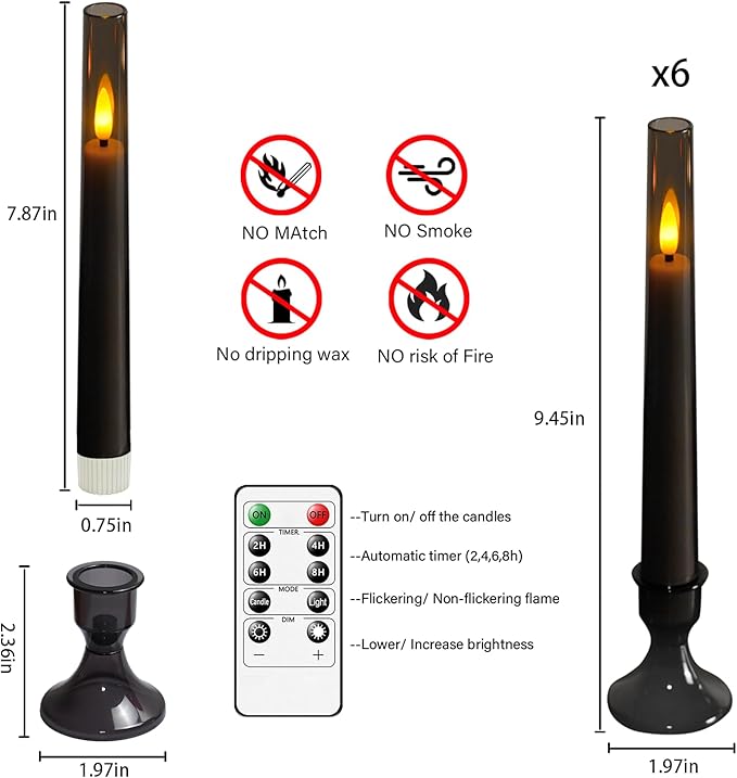 Sasigeiaa Flameless Taper Candles,with Remote and Timer Flickering Flameless Candles,6 Pack Led Candles,with Base Battery Operated Candles， Taper Candles for Home, Wedding, Party (Grey)