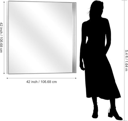 CIRCUMI Silver Bathroom Mirror, 42"x42" Rectangular Mirror with Deep Metal Frame, Brushed Finish, Tempered Glass, Mirror for Wall, Oversink, Bedroom, Installed Vertically/Horizontally, Crystal-Clear