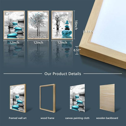 DZRWUBHS Framed Canvas Wall Art, 3pc 12x16in Natural Wood, Abstract Blue Prints, Ready to Hang, Bathroom, Bedroom, Kitchen, Living Room Decor