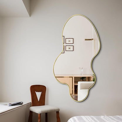 Irregular Mirror, 46.5"x24" Asymmetrical Mirror, Gold Metal Frame Abstract Wall Mirrors Decorative, Modern Odd Shaped Mirrors for Living Room Bathroom Bedroom Hallway Entryway Fireplace